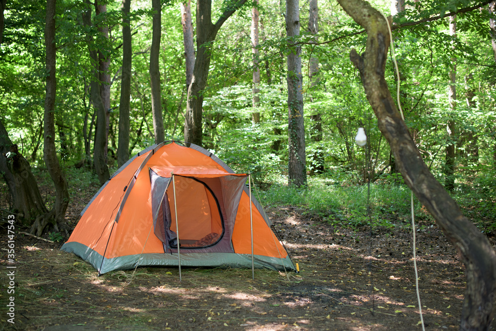 Tent camping - one orange tent among the oak trees