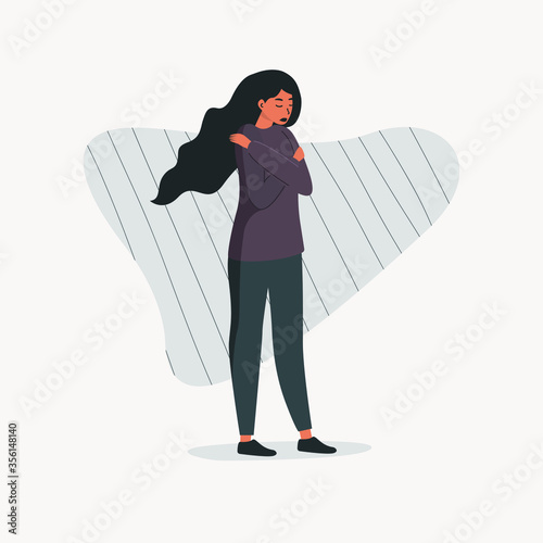 A sad woman with loose hair runs away from the problems in her life. The depressed man withdrew into himself, hugging his shoulders. The concept of depression, apathy, procrastination. 