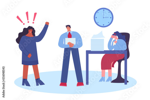 Female boss scolding his employees. Workplace stress. Vector illustration