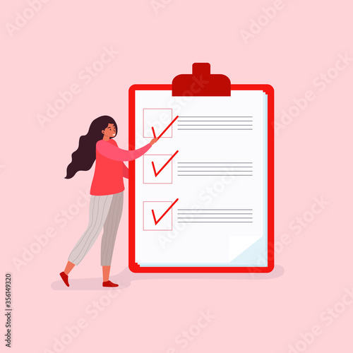 The woman manually puts a check mark in a checklist. Project manager. Task management, personal organization, and the concept of the voting form. Flat vector illustration of a cartoon.