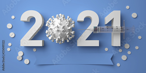 2021 new year in pharmacology development: Covid-19 vaccines invention and testing, global vaccination. Antiviral therapy, coronavirus treatment & prevention. Blue medical background. 3D render. photo