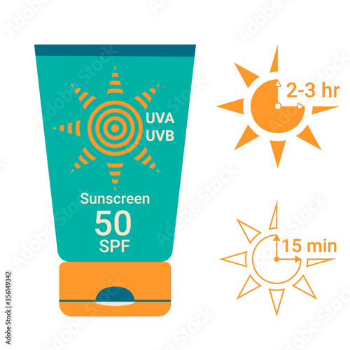 Sunscreen Cream tube. UVA UVB shield with sun protection factor 50. Time intervals for applying product before going outdoor and its updating. Vector illustration in flat style on white background.