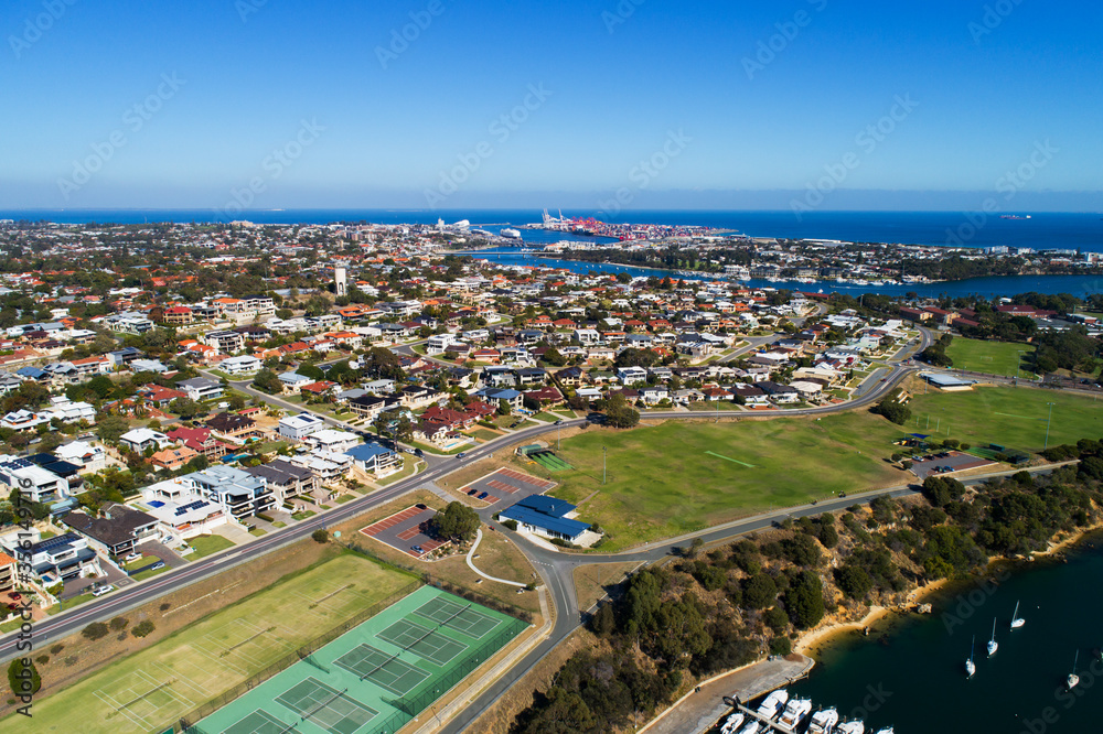 Fototapeta premium Aerial view of East Fremantle Town, Fremantle and Fremantle Harbour. Perth, WA, Australia
