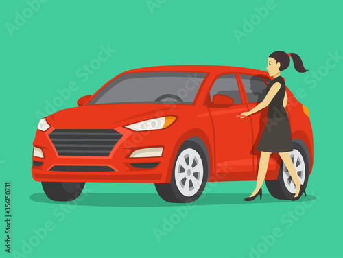 Female driver opens suv car door. Perspective view of a red car on parking. Flat vector illustration.