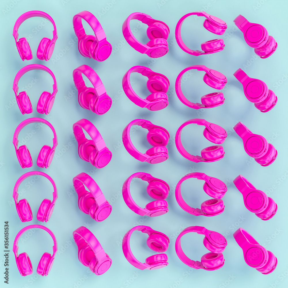 minimalistic background of a series of wireless headphones in various positions. minimalistic background of a series of wireless headphones in various positions.