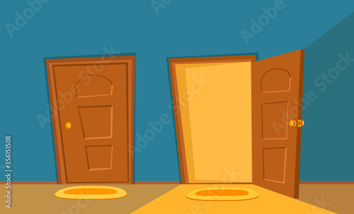 Open door cartoon colorful vector illustration. House apartment entrance