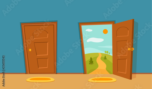 Open door cartoon colorful vector illustration. House apartment entrance