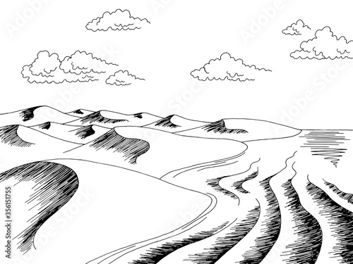 Desert sea coast graphic black white landscape sketch illustration vector