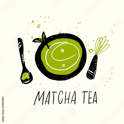 Matcha tea set. Vector doodle illustration. Japanese tea ceremony