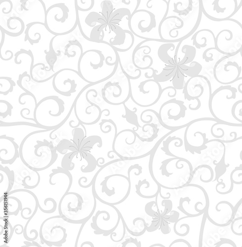 Background with gray curls and lily flowers, isolated on a white background, floral, retro style.
