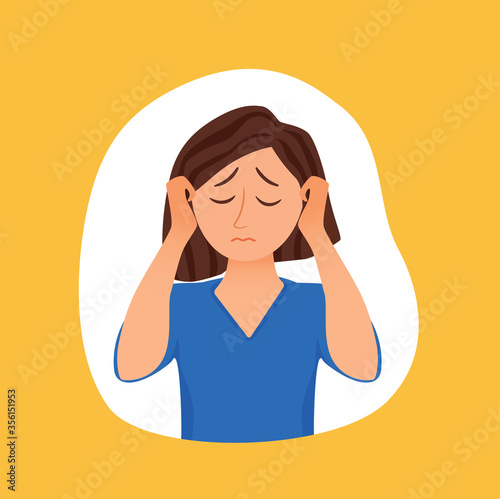 Girl suffers from panic attack cartoon style concept.