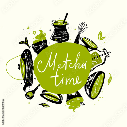 Matcha time. Vector doodle illustration of matcha tea products. Japanese tea ceremony.