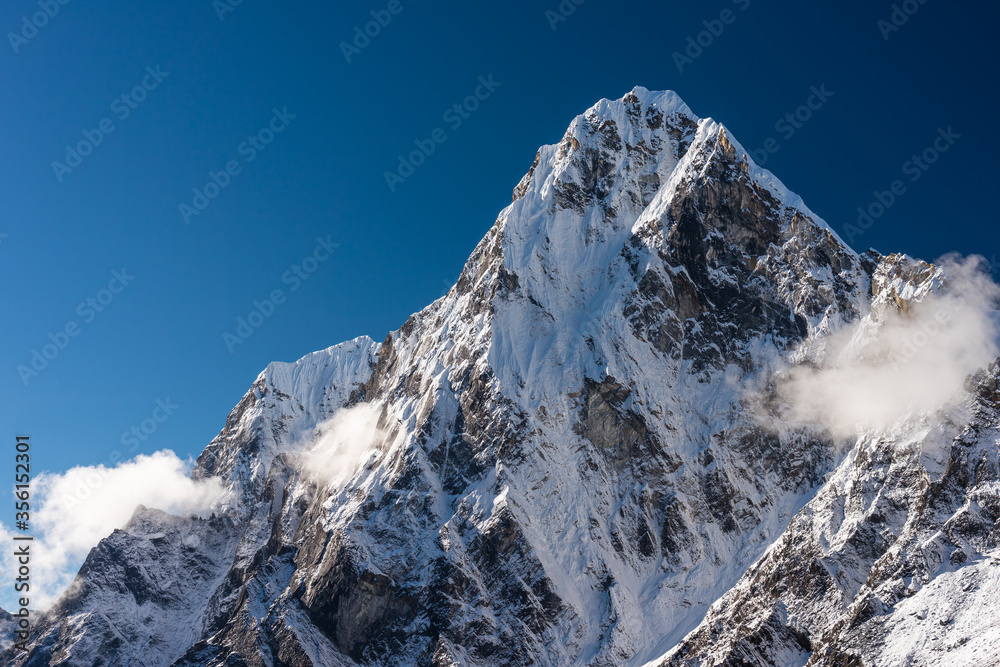 Cholatse mountain peak view from Dzongla village in a morning, Himalaya mountains range in Everest base camp trekking route, Nepal