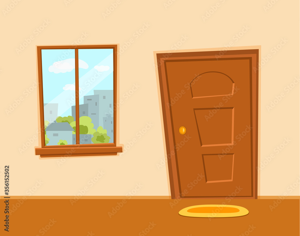 Fototapeta premium Window and door cartoon colorful vector illustration with valley summer sun landscape