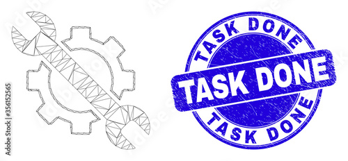 Web carcass options tools pictogram and Task Done seal. Blue vector round textured seal with Task Done text. Abstract carcass mesh polygonal model created from options tools pictogram.