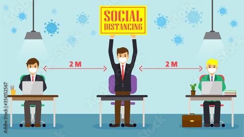 Businessman office people maintain social distancing. New normal at job working. covid-19 sign vector