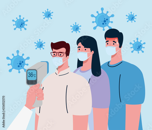 covid 19 coronavirus, hand holding infrared thermometer to measure body temperature, people check temperature vector illustration design