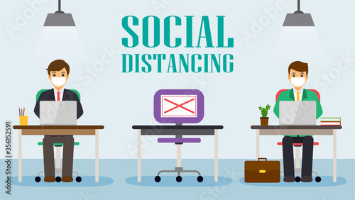 Businessman office people maintain social distancing. New normal at job working. covid-19 sign vector