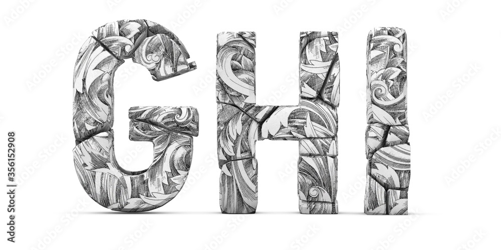 Cracked letters G H I. Letters isolated on white background. English alphabet 3D rendering. Flower ornament texture. Letter G, Letter H, Letter I Cracked letters G H I. Letters isolated on white background. English alphabet 3D rendering. Flower ornament texture. Letter G, Letter H, Letter I
