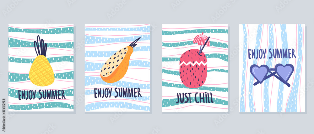 Set of cute summer cards of four. Vector illustration.