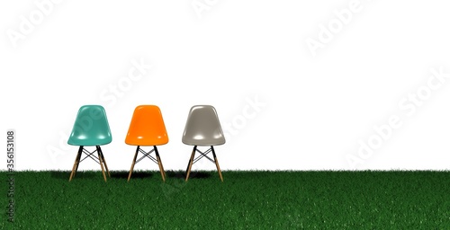 3 sillas de madera y plástico de colores de diseño de Jacobsen sobre suelo de césped y fondo blanco. Render 3D photo