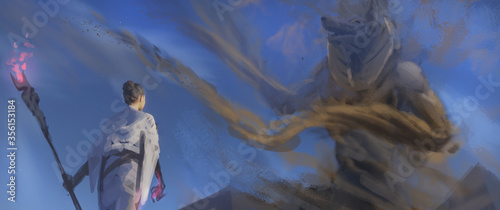 Digital illustration of a female mage warrior fighting a giant anubis cyclone in the desert next to pyramids - digital fantasy painting