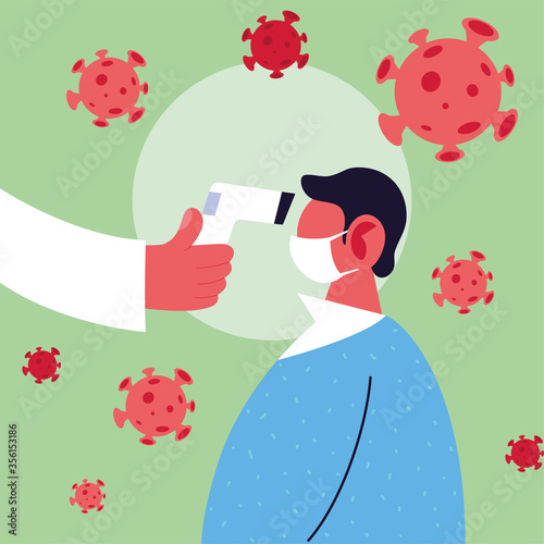 Hand holding thermometer gun checking man temperature vector design