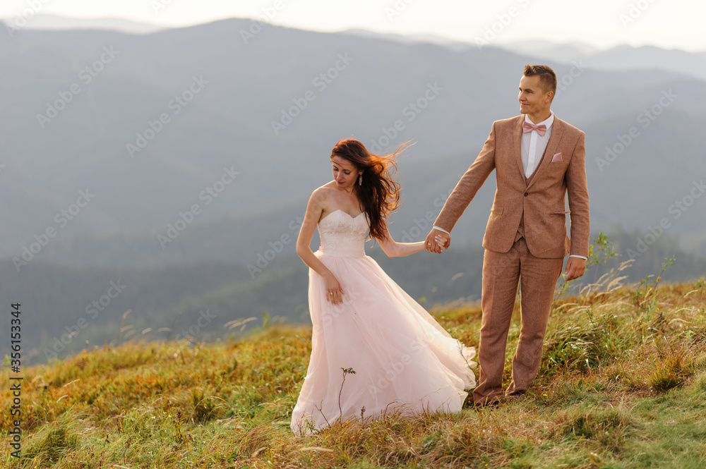 The bride and groom hold hands on the background of autumn mountains. Sunset. Wedding photography. A strong wind blows the hair of the bride.