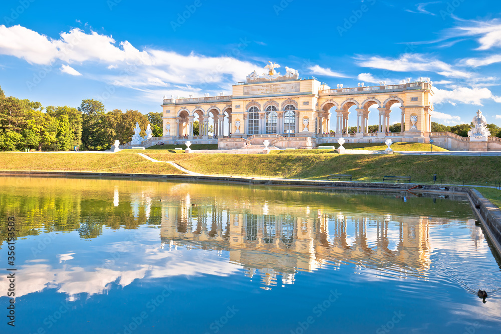Gloriette viewpoint and Schlossberg fountain lake in Vienna view