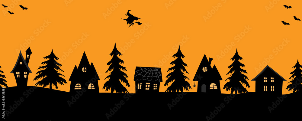 Halloween houses. Spooky village. Seamless border. Black silhouettes of houses and fir trees on an orange background. There are also bats and a witch on a broomstick in the picture. Vector