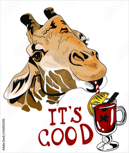 Cute Giraffe drinks mulled wine.  New year Card, t-shirt composition, hand drawn style print. Vector illustration. 