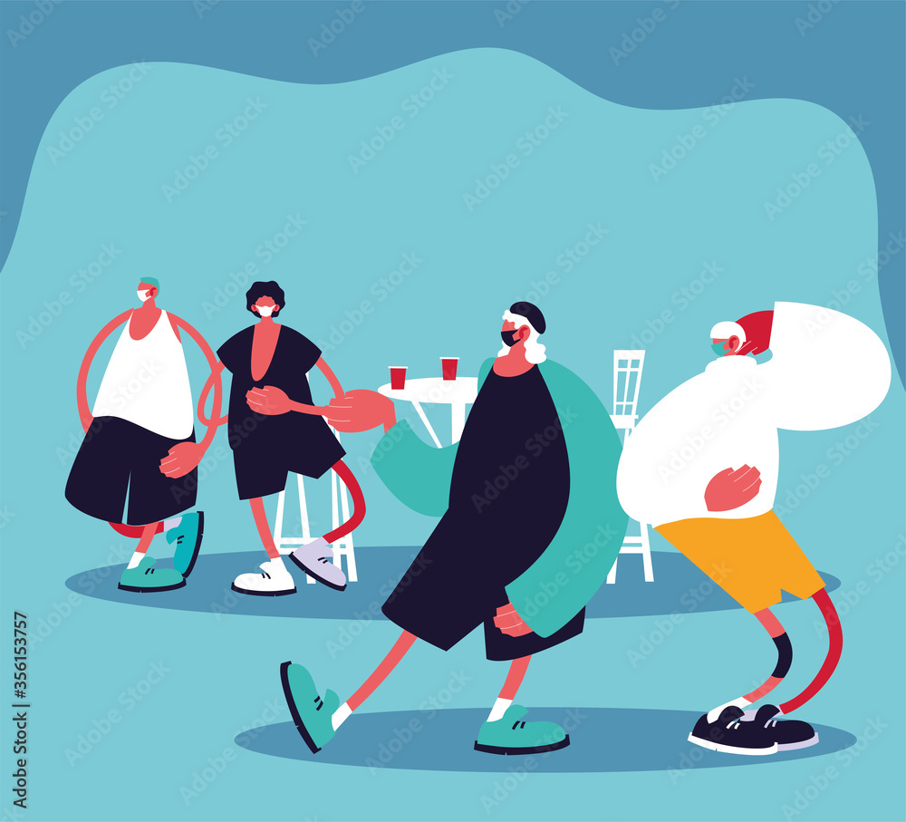 Fototapeta premium Men cartoons with masks and restaurant table with drinks vector design