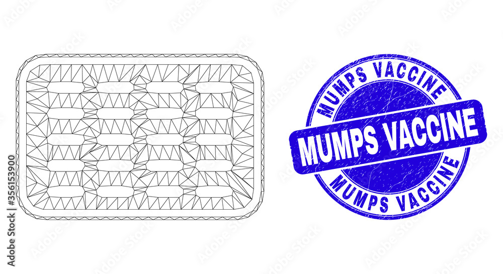 Obraz premium Web mesh pills blister icon and Mumps Vaccine seal stamp. Blue vector round distress seal stamp with Mumps Vaccine phrase. Abstract carcass mesh polygonal model created from pills blister icon.