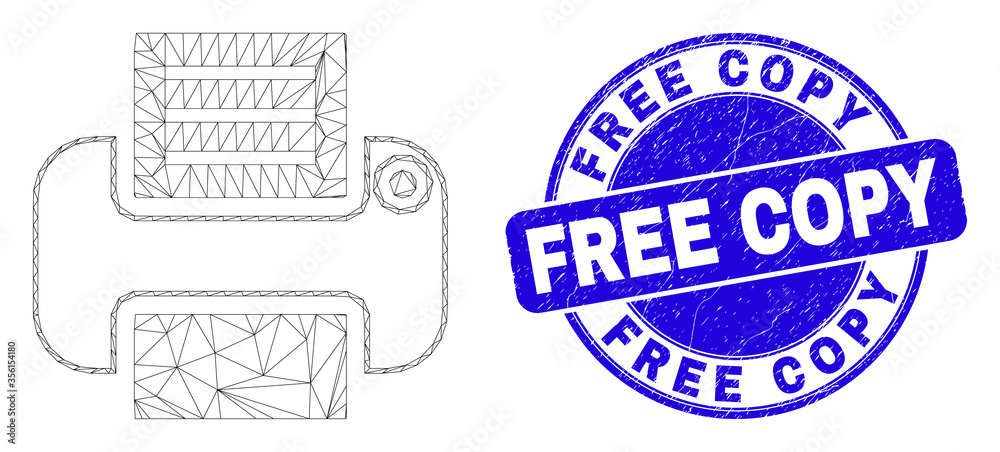 Obraz premium Web carcass printer pictogram and Free Copy seal stamp. Blue vector rounded textured seal stamp with Free Copy caption. Abstract carcass mesh polygonal model created from printer icon.