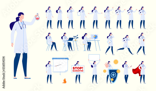 Doctor character creation set with various poses and gestures. Isolated. female doctor.