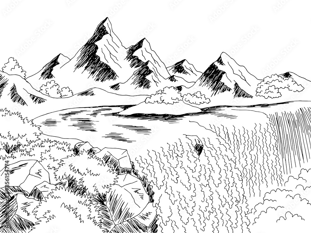 Waterfall mountain river graphic black white landscape sketch ...