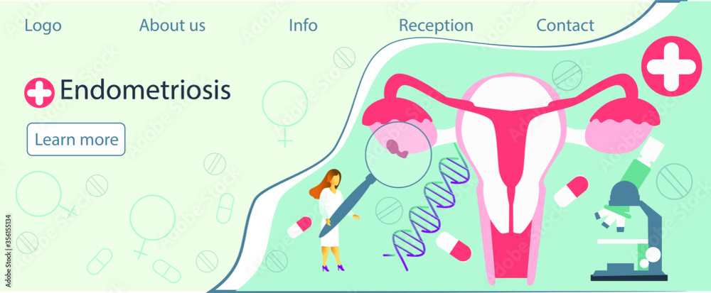 Obraz premium Tiny doctors examine uterus with magnifier to treat endometriosis. Endometriosis, endometrium dysfunctionality, endometriosis treatment concept.Blue background vector for website and mobile website