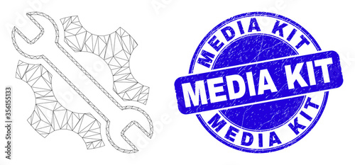 Web mesh repair tools icon and Media Kit seal. Blue vector round textured seal with Media Kit text. Abstract carcass mesh polygonal model created from repair tools icon.