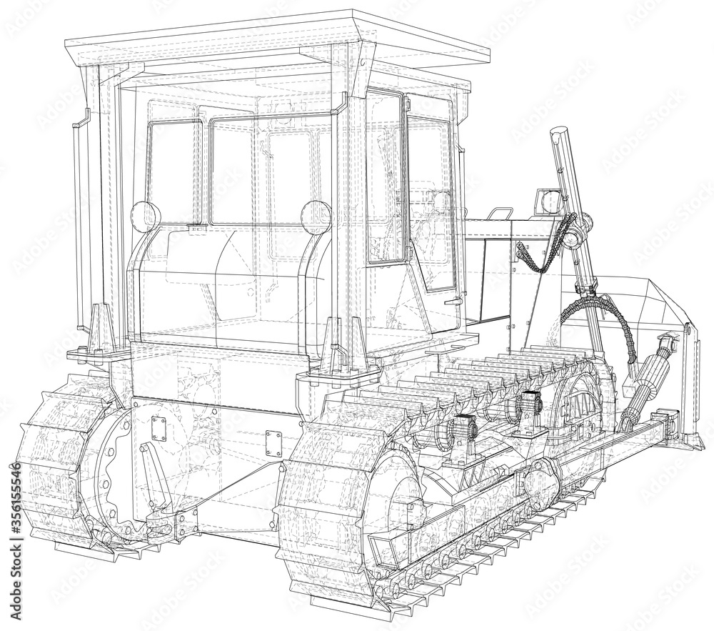 Building bulldozer Isolated. 3D rendering. Wire-frame. The layers of visible and invisible lines are separated. EPS10 format.