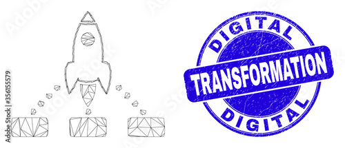Web mesh rocket links pictogram and Digital Transformation seal. Blue vector round scratched seal with Digital Transformation text.