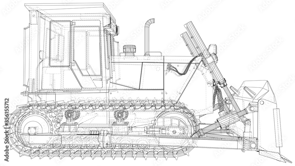 Powerful hydraulic bulldozer. Wire-frame. Vehicle Vector Illustration transport. The layers of visible and invisible lines are separated. EPS10 format.