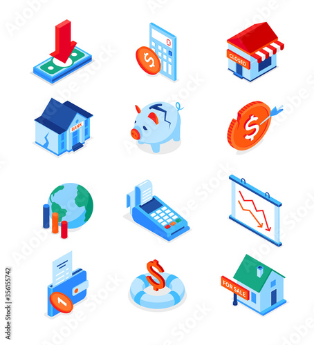 Economic crisis - modern colorful isometric icons set