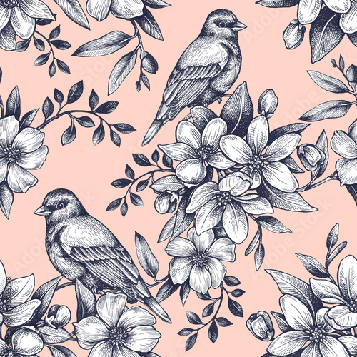 Graphic seamless pattern with birds and flowering branches. Hand drawing with ink and pen. photo