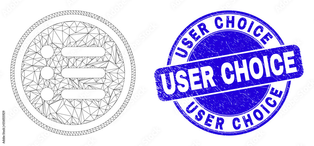 Fototapeta premium Web carcass rounded items pictogram and User Choice stamp. Blue vector rounded distress stamp with User Choice title. Abstract frame mesh polygonal model created from rounded items pictogram.