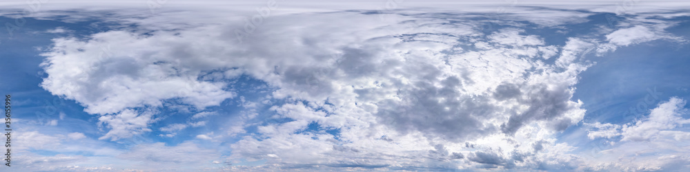 blue sky with beautiful fluffy clouds without ground. Seamless hdri panorama 360 degrees angle view without ground for use in 3d graphics or game development as sky dome or edit drone shot