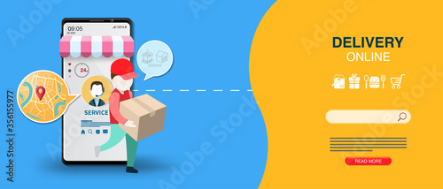 Courier man and smartphone vector illustration for Online delivery service on mobile with order tracking