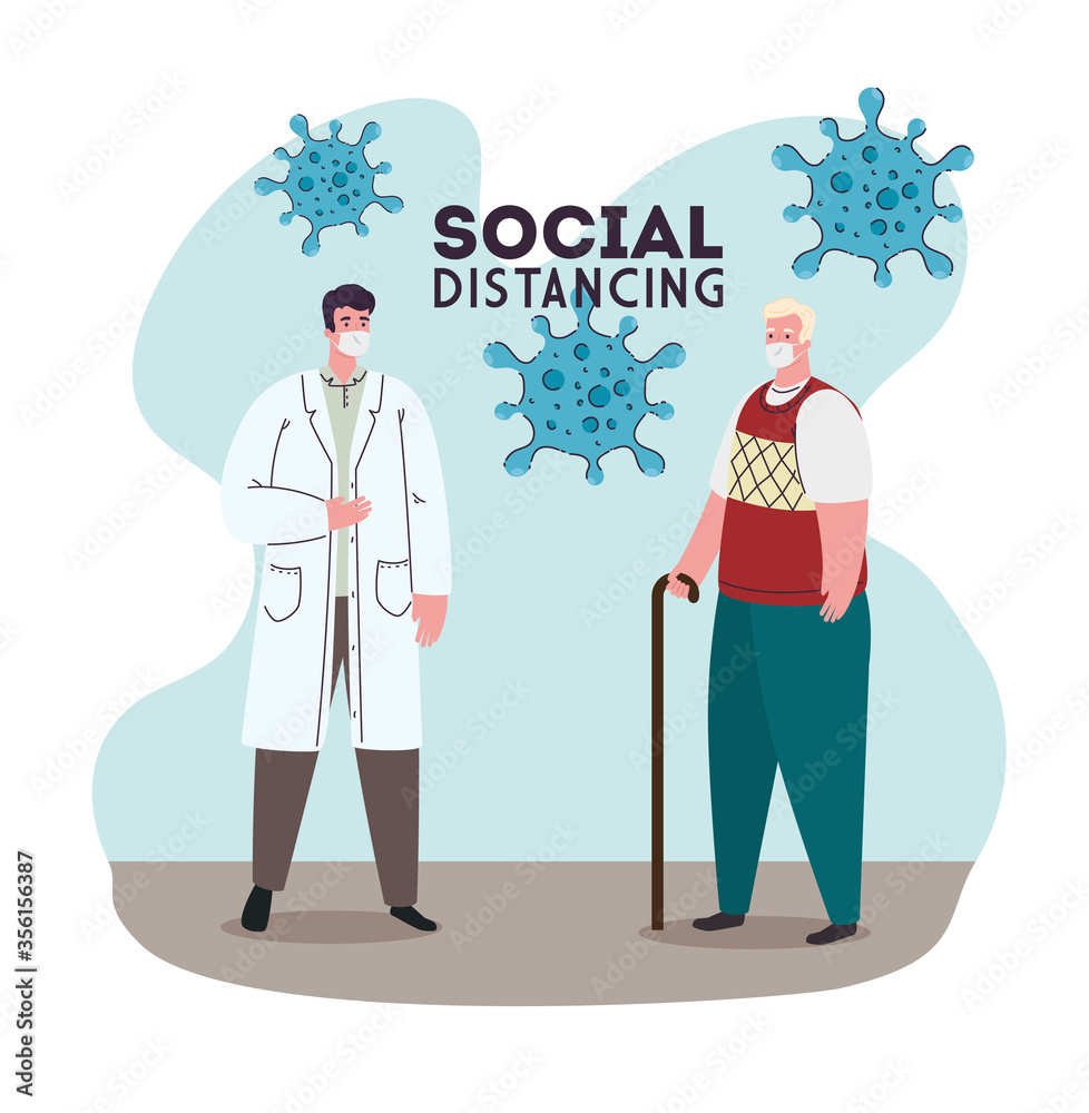 social distancing, keep distance in public protect from covid 19, doctor with old man patient vector illustration design social distancing, keep distance in public protect from covid 19, doctor with old man patient vector illustration design