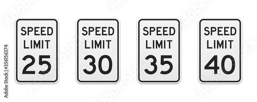 Speed limit traffic signs from 5 to 20 miles per hour. Set of vector graphic elements for production, design, information materials. Classic urban design.