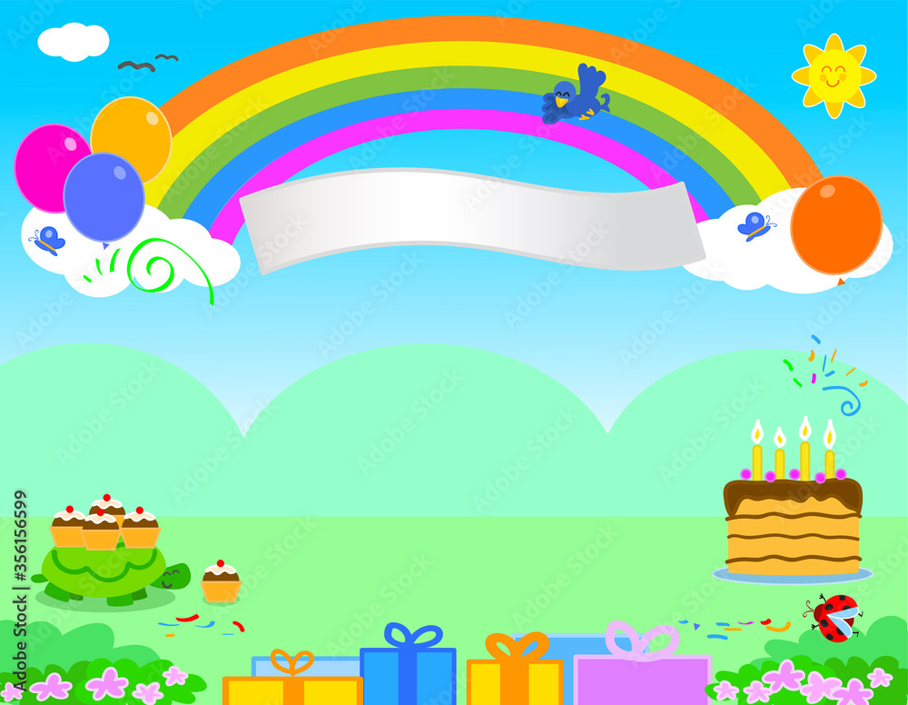 Naklejka premium Cartoon happy birthday with rainbow, gifts, cake and animals, background vector