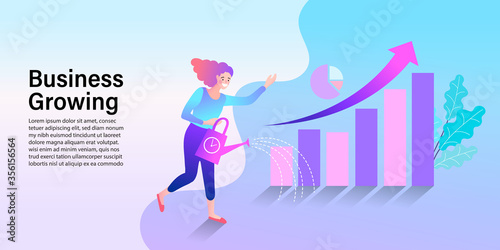 A businesswoman waters a growing bar chart like a plant. This creative metaphor represents nurturing an investment, business development, financial growth, and a successful long-term strategy.